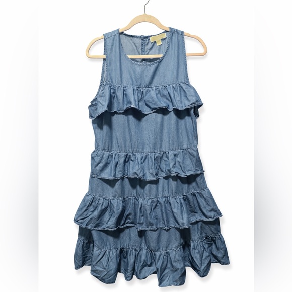Michael Kors Chambray Tiered Ruffle Sleeveless Denim Blue Boho Dress Size Large - Picture 2 of 5